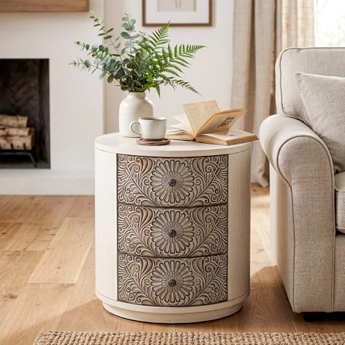Image of HOMPUS Round End Table with Carved Floral Pattern, Vintage Nightstand w 3 Storage Drawers, Modern 3 Drawer Dresser, Wood Retro Accent End Table for Living Room, Bedroom, Distress White