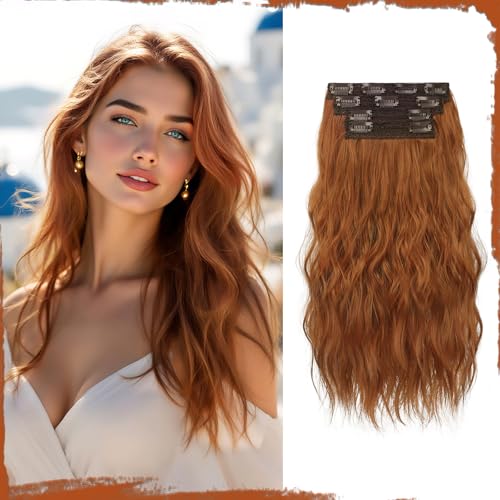 Sofeiyan Clip in Extensiones de Pelo,4PCS 40 cm Rizos Gruesos de Clip Sintético Naturalmente Lisos,Alargadores de Pelo Para Mujer,Marrón cobrizo