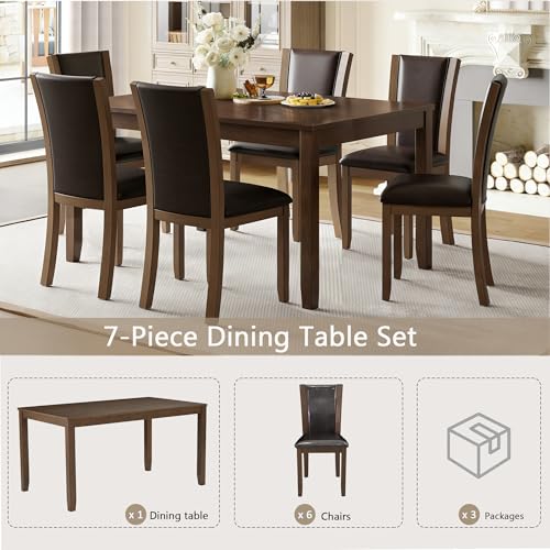 Image of KEIKI 7-Piece Standard Height Dining Table Set with Rectangular Table, 6 Upholstered Chair, for 6 Person, Farmhouse Rustic Style Table Set, Easy Assembly, for Kitchen, Dining Room, Dark Walnut