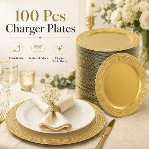 100 Platos Base Redondos de Plástico 13in Dorados miniatura 2