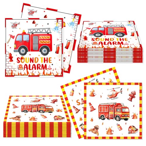 Hpbaggy Lot de 40 Serviettes Pompier, Serviettes en Papier Motif Camion de Pompiers, Décoration Anniversaire Pompiers, Décoration de Table pour Fête...