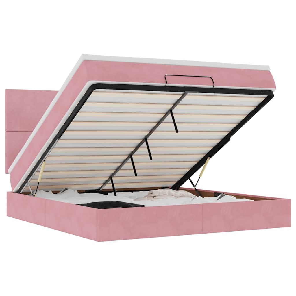 Cama otomana rosa de terciopelo 180 x 200 cm, con colchón de muelles ensacados LED y gran espacio de almacenamiento para jóvenes y habitaciones de invitados