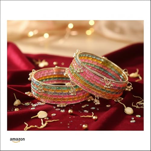 Image of NEW SURYA ENTRPRISES Kashmiri Ghangharoo Glass Bangle Set for Women|Light Weight Bangles|Traditional Transparent Fancy Glass Chudi Set Of 16(12 Glass + 4 ghungroo bangles)