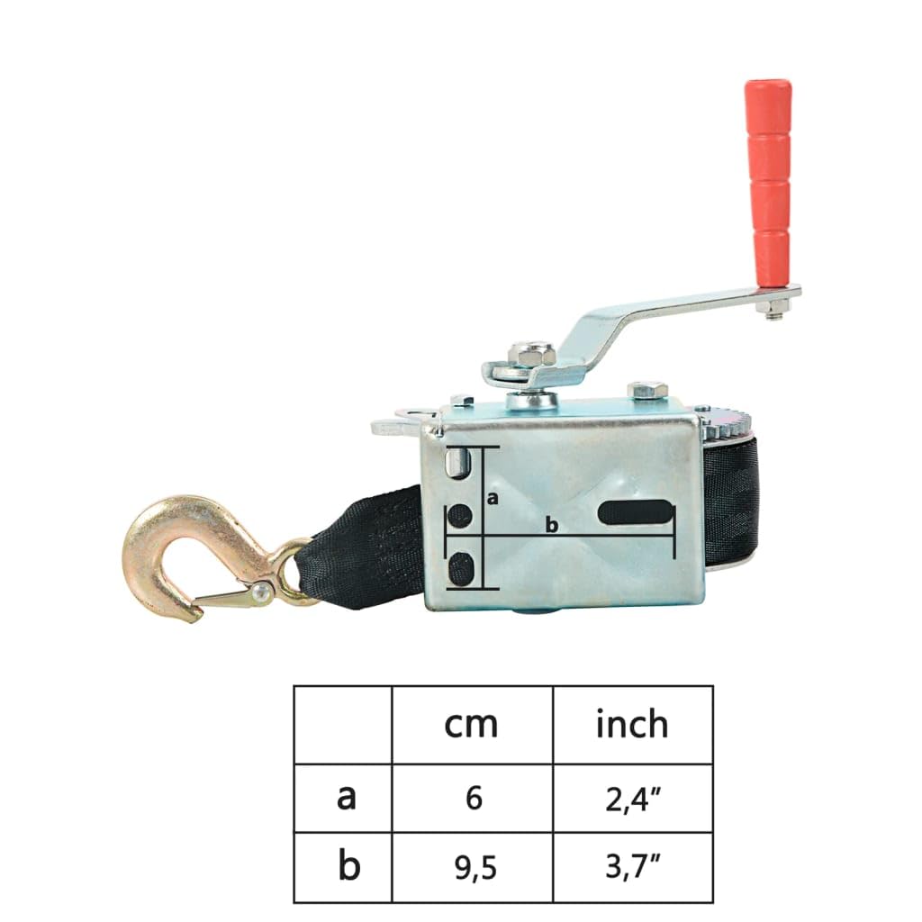 Handwinde mit Gurt aus Eisen und Polyester 360 kg, 5 m Gurtband, 46 mm Breite, 3 2 1 Übersetzung, für Anhänger, Geländewagen und Bootstrailer, Ziehen und Bergen