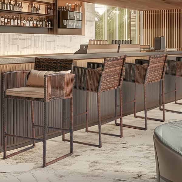 Outdoor 3-Piece Bar Set: 2 Wicker Bar Stools + 1 Bar Table, Patio Bar Height Bistro Set for 2 People, All-Weather PE Rattan Bar Stools, Brown Gradient High Top Table & Stools for Deck, Balcony, Garden