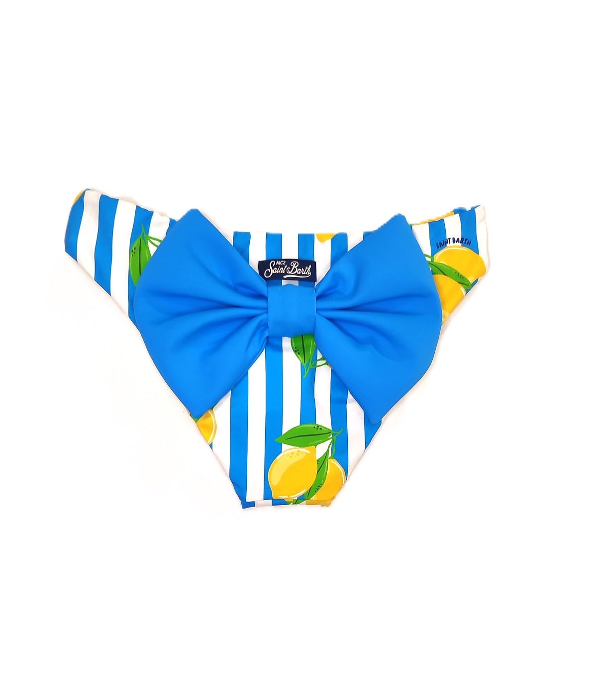 Saint Barth MC2 Costume Slip da Bambina a Righe Azzurre con Stampa Limoni e Fiocco sul Dietro