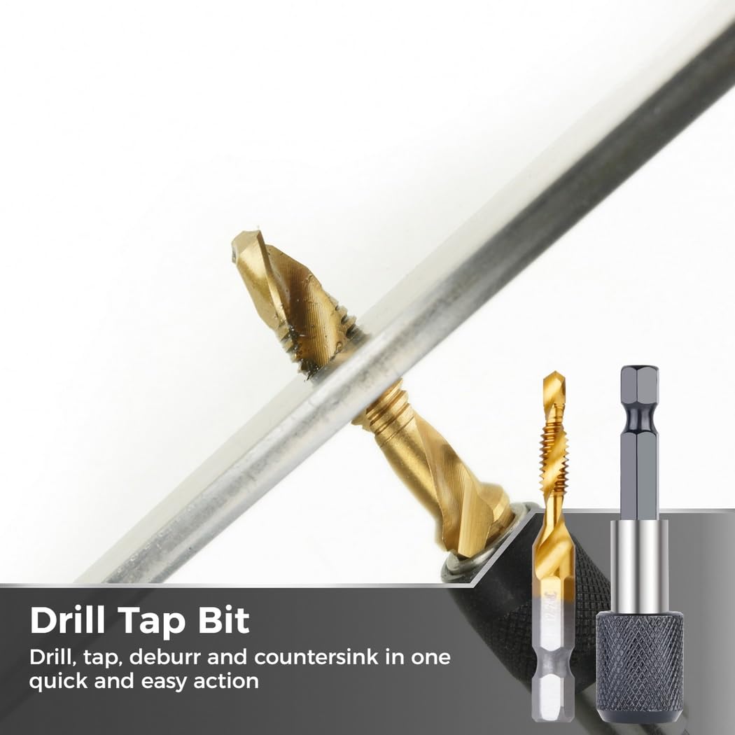 13-Piece Drill Tap Set with SAE/Metric Drill and Tap Bits, Quick-Change Hex Shank Adapter, Titanium Steel for Drilling, Tapping & Countersinking