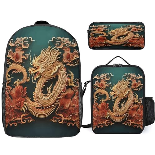 17-inch Backpack,Crossbody Lunch Bag,and Cosmetic Bags Suitable for Travel,business,casual,universal Dragon Chinese Background Print Travel Backpacks for Men And Women
