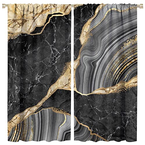 Marble Blackout Curtain Black and Gold Marble Noise Reduction Drapes Window Curtain Rod Pocket Curtain Girls Boys Kitchen Bedroom Dining Room Living Room 2 Panels 42x45 in
