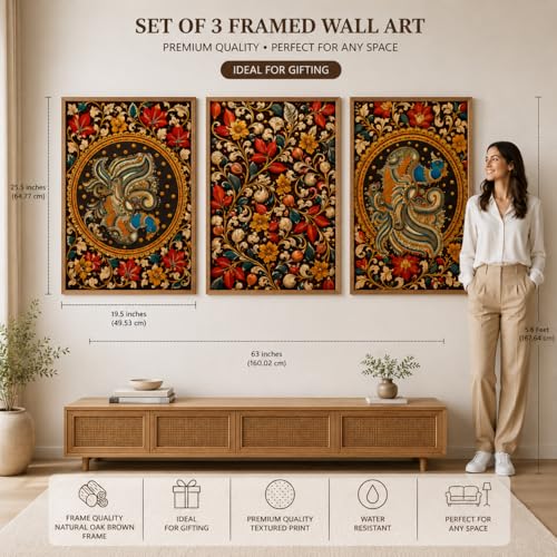 Image of Livin'luxe Set of 3 Abstract Peacock Flowers Wall Paintings for Living Room Bedroom Home Decor with Premium Wooden Color Synthetic Frame (25.5 x 19.5 Inch) NM03-72