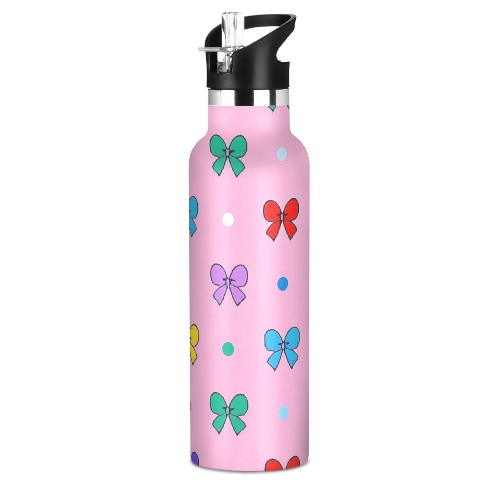 Cartoon Colorful Bow Peach Leakproof and BPA Free Kids Metal Water Bottle With Straws Leak-proof Hot Cold Double