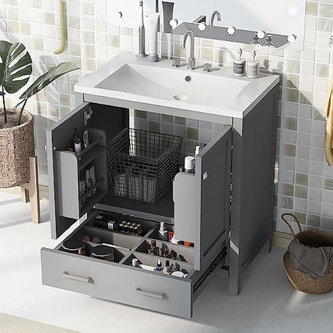 Modern 36 Bathroom Vanity with Sink, Wood Bathroom Vanities with 4 Drawers of Different Sizes, Soft-Closing Door, Open-Back Design, Metal Handles (White-39N)