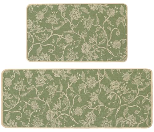Baccessor Green Floral Kitchen Mats Set of 2,Monochrome Sketch Retro Vintage Flowers Kitchen Rugs...
