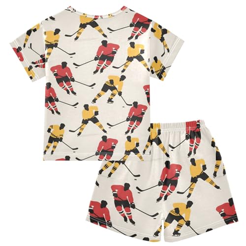 ALAZA Ice Hockey Cartoon Yellow Red Pajamas Set Short Sleeve Cotton Sleepwear Summer Pjs 2 Piece 5-14Y2
