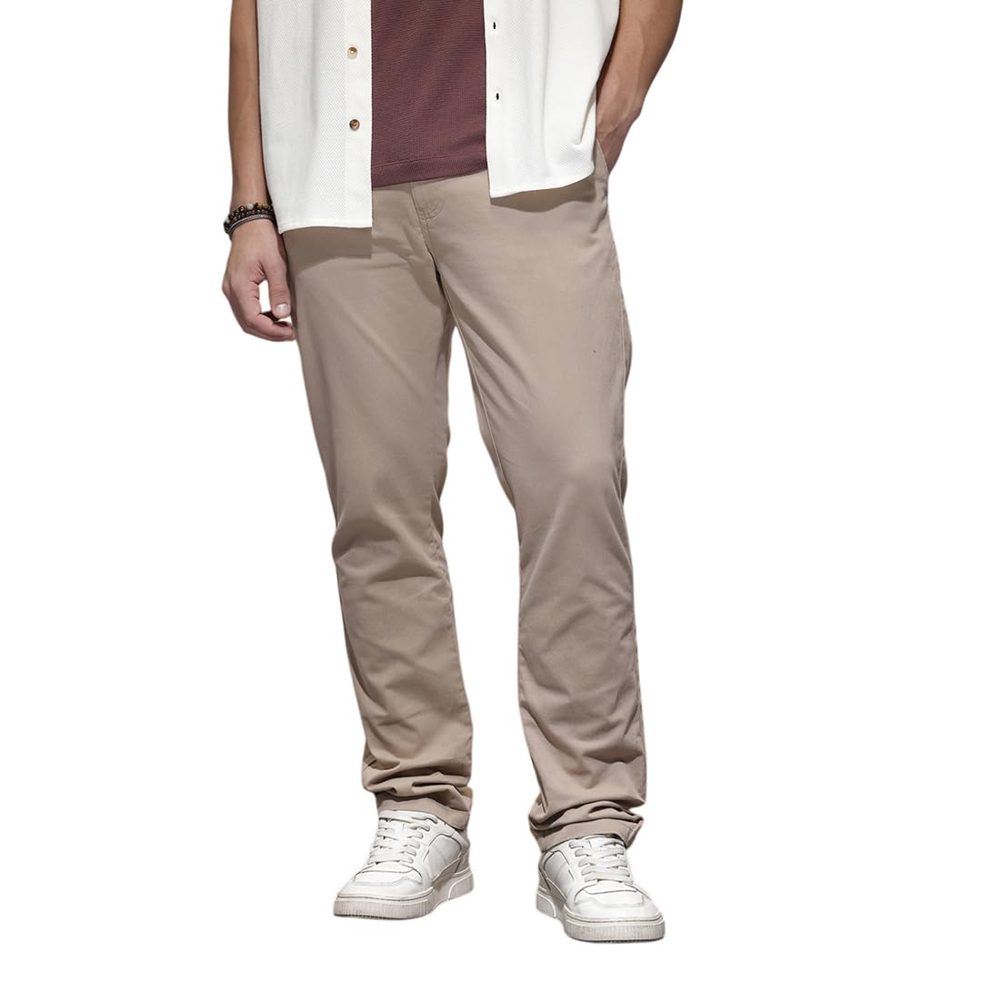 WROGN Men's Cotton Stretch Trousers | Solid Design with Metal Button | Slim Fit in neutral