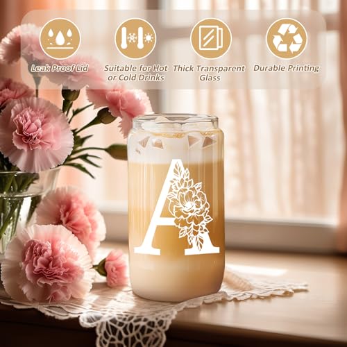 Image of Coolife Initial Glass Cup, Monogrammed Gifts for Women, 16 oz Tumbler w /Lid