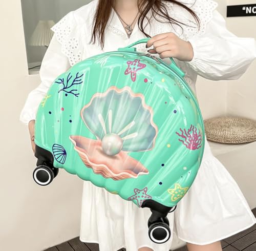 Image of ADSON Children 3D Cute Mermaid Sea Shell Design Pearl Print Kids Trolley Bag Cabin Suitcase for Children Teens 360 Travel Trolley Child Hardsided Suitcase Boy Girl Luggage (Mermaid Sea Green)