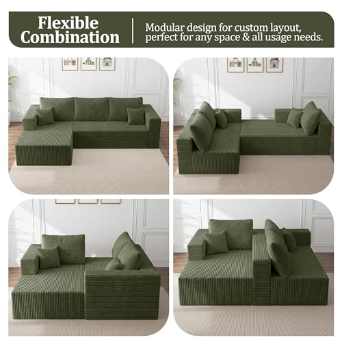 Image of 108 inch Modular Sectional Sofa, L-Shape Cloud Couch with Deep Seats & Chaise, 4-in-1 Covertible Corduroy Boneless Couches for Living Room, Bedroom, No Need Assembly - Green(Right Facing Chaise)