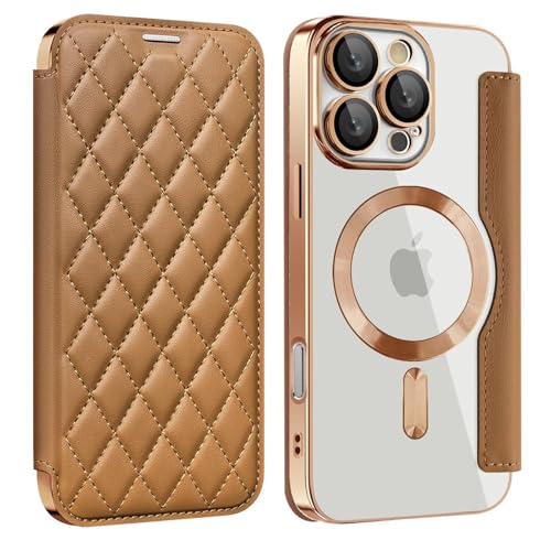 Étui portefeuille iPhone 16 Pro marron en cuir matelassé avec porte-cartes et dos transparent