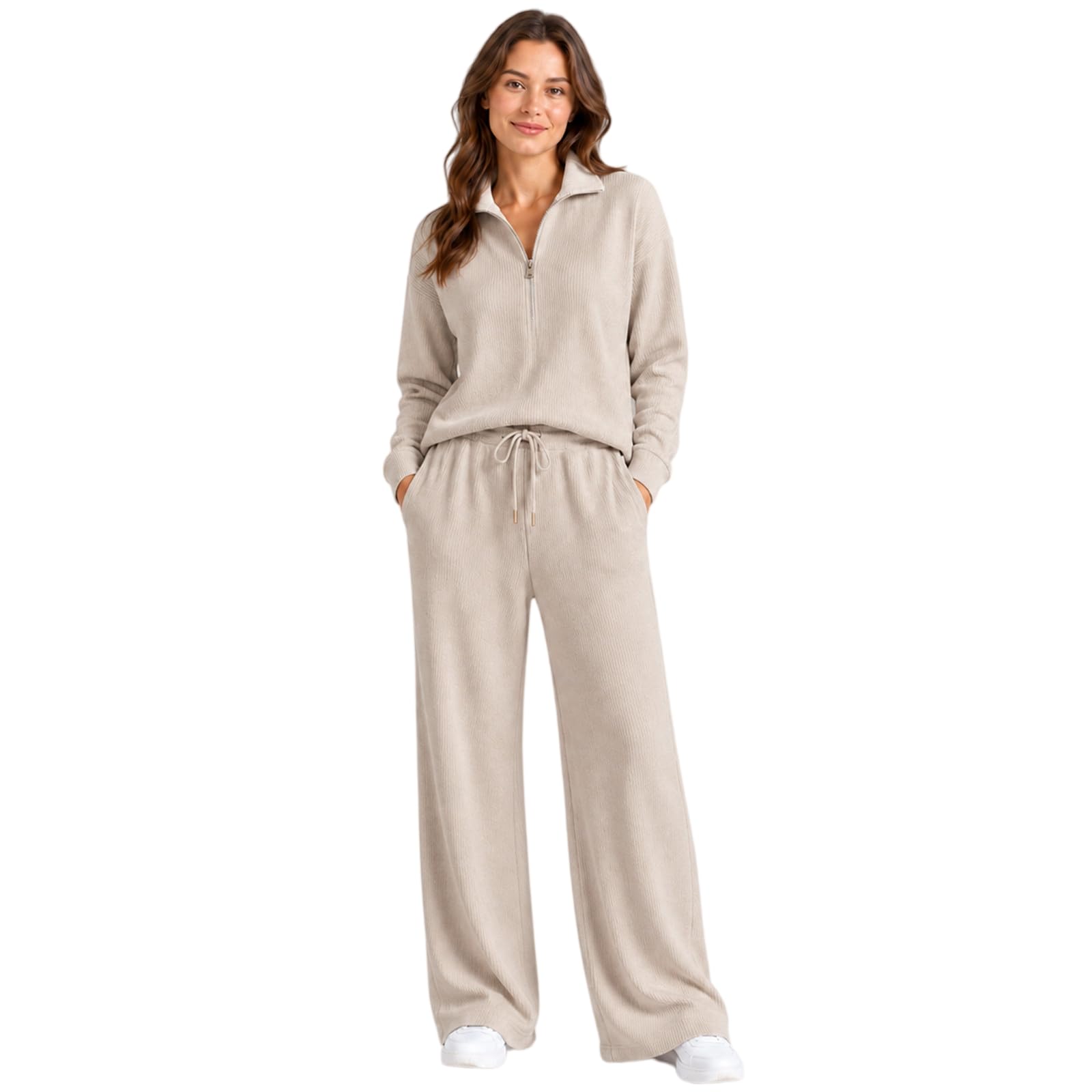 Set da salotto da donna in 2 pezzi, con mezza zip, pantaloni a gamba larga | 90% poliestere, 10% spandex, morbido al tatto a costine, drappeggio rilassato, coulisse in vita, tasche laterali