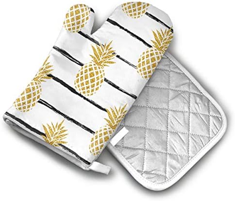 CA6ZZ.CO.LTD Non-Slip Oven Mitt Set Summer Gold Pineapple On Striped Heat Resistant Oven Mitts & Pot Holders for Kitchen,Oven Gloves for BBQ,Baking,Grilling,Handle Hot Oven/Cooking Items Safely