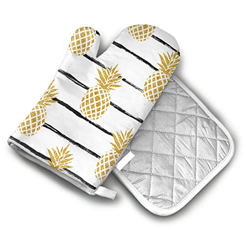 Ca6Zz.co.ltd Non-Slip Oven Mitt Set Summer Gold Pineapple On Striped Heat Resistant Oven Mitts & Pot Holders For Kitchen,Oven Gloves For Bbq,Baking,Grilling,Handle Hot Oven/Cooking Items Safely #TOP2