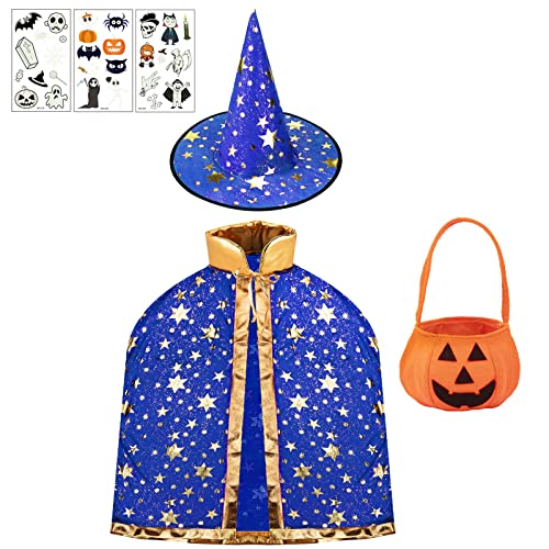 Kinder Halloween Kostüm, Hexe Zauberer Umhang mit Hut, Kürbis Candy Bag und 3 Blätter Halloween Tattoo Aufkleber, Wizard Cape Witch Umhang, Cosplay Party Kostüm für Jungen Mädchen (Blau)