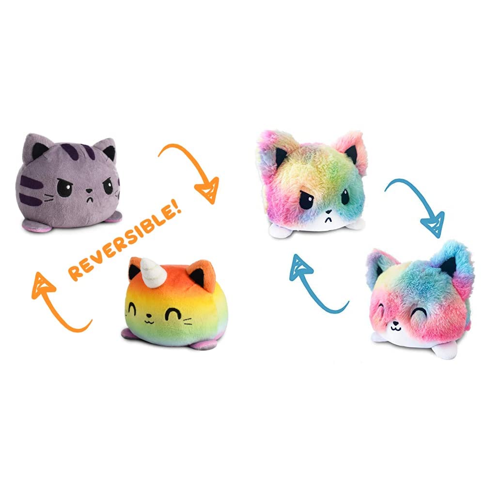 TeeTurtle | The Original Reversible Kittencorn Plushie | Patented Design | Tabby & Rainbow | Show Your Mood Without Saying a Word! & | The Original Reversible Fox Plushie