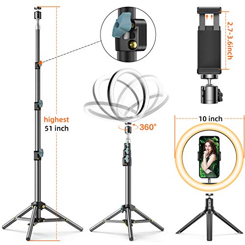 GPEESTRAC 10” Selfie Ring Light with Tripod Stand & 2 Phone Holders & Bluetooth Remote, LED Beauty Camera Ringlight for Photography Makeup Live Steam YouTube Video, Compatible with iPhone & Android
