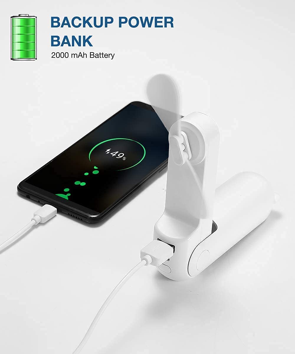 Mini Ventilatore Portatile, Ventilatore Manuale 3 in 1, Ventilatore Tascabile Piccolo Ricaricabile USB Portatile, Ventilatore a Batteria [14-21 Ore lavorative] con Power Bank, funz