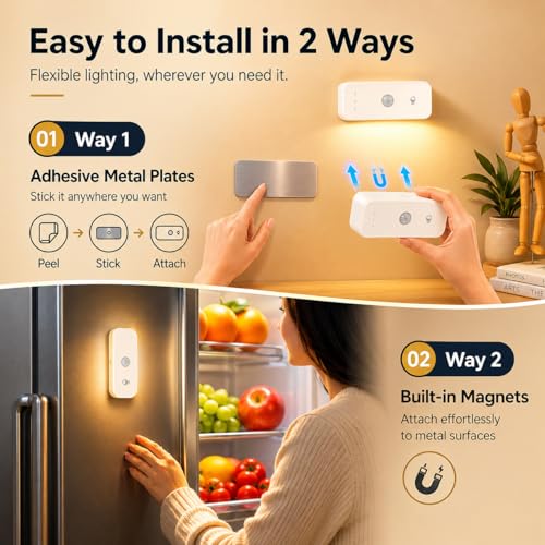 Image of ELEPHANTBOAT 2PCS Motion Sensor LED Light, Rechargeable Wall Light, Under Cabinet & Wardrobe Lights, 3 Color Sensor Light for Home Indoor with Auto On /Off & USB Charging