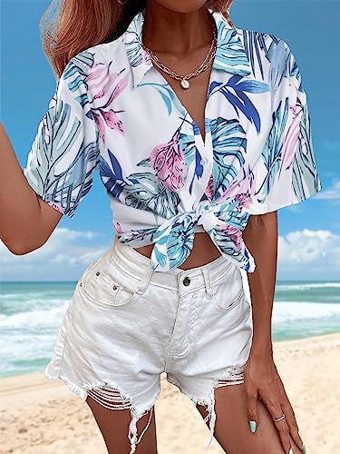 ASTANFY Hawaiian Shirt Women Hawaii T-Shirt Tropical Floral Printed V Neck Shirts Soft Cool Summer Beach Button Up Blouse3
