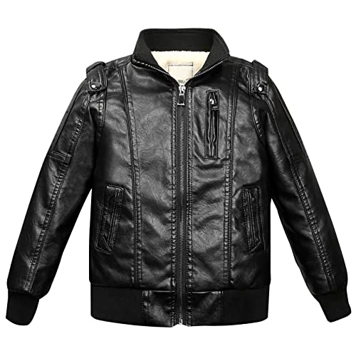 L SERVER Veste en Simili Cuir Garçon Enfant Blouson en Faux Cuir à Col Montant PU Manteau Mode Blouson Motard pour Printemps et Automne, Noir (polaire),...