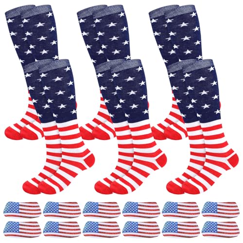 Panitay 12 Pcs Sport Accessories 6 Softball Soccer Socks 6 Glitter Eyeblack Stickers for Youth Women Adult Sports Supplies(Star,Red White Blue)