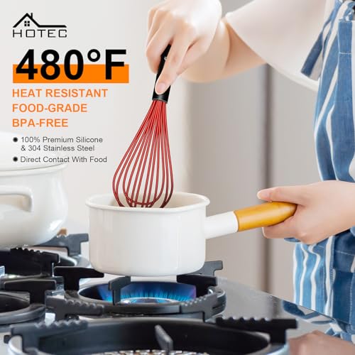 Image of HOTEC 4 Pieces Silicone Whisks Set, Wire Balloon Whisks for cooking Egg Beater, Non-slip Handle Whisk for Non-stick Cookware Perfect for Cooking, Stirring, Beating and Blending,Multicolor