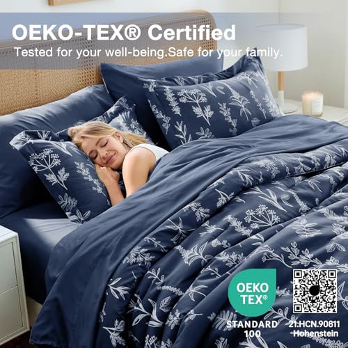 Image of MUXHOMO Navy Blue Full Comforter Set, Elegant Floral Print Bed in a Bag 7 Pieces, Ultra Soft & Breathable Reversible Botanical Pattern Bedding Set with Comforter, Sheets, Pillowcases, and Shams