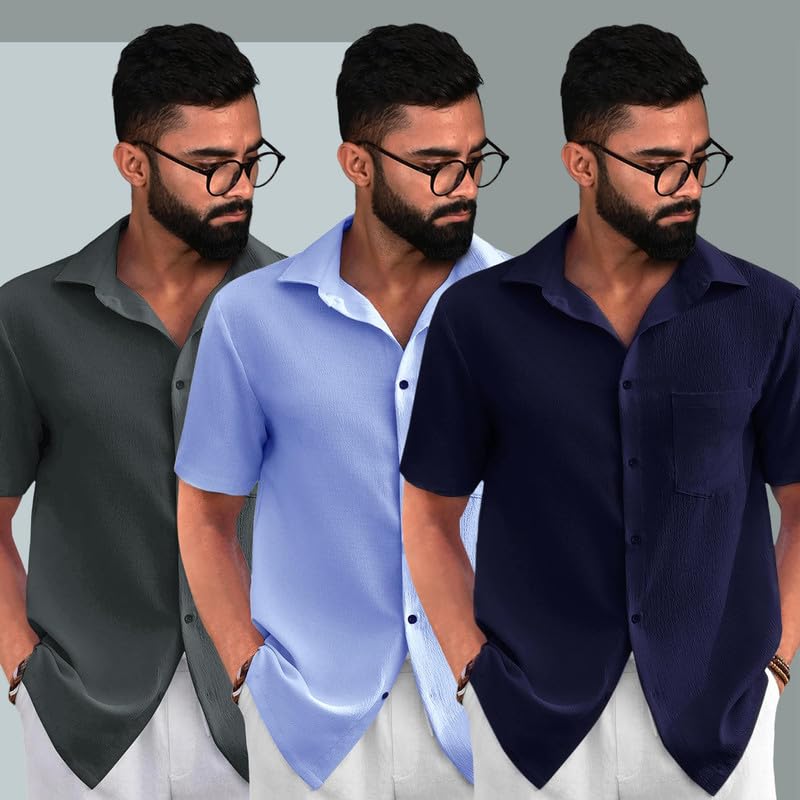 Image of Tee Projekt Solid Shirt for Men's ||Pop corn Shirt|| Solid Shirt for Men's|| Casual Shirt for Men||Half Sleeve Spread Collar Shirt for Men|| Pack of-3