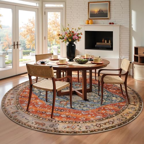 SERISSA Boho Round Area Rug, 6ft Washable Non-Slip Circle Rug, Ultra Soft Oriental Vintage Tribal Low-Pile Circular Carpet for Bedroom Entryway Kids Room Office College Dorm Living Room