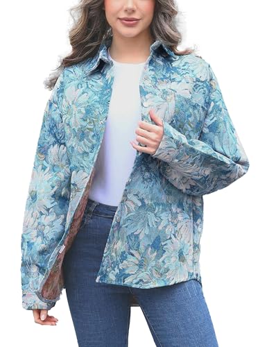 Casual Floral Shacket Cute Flower Pattern Jacquard Loose Shirt denim Canvas Jacket Button Coat Fancy Tops