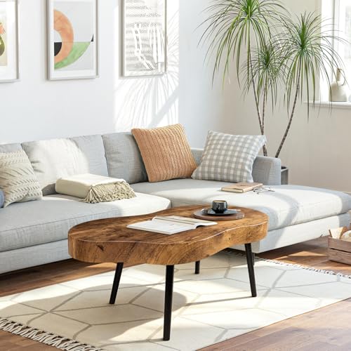 Image of Coffee Tables for Living Room Mid-Century Small Coffee Table Wood Framed Cloud Shaped Center Table Easy Assembly Portable Furniture for Bedroom Apartment Reception Room Retro Brown