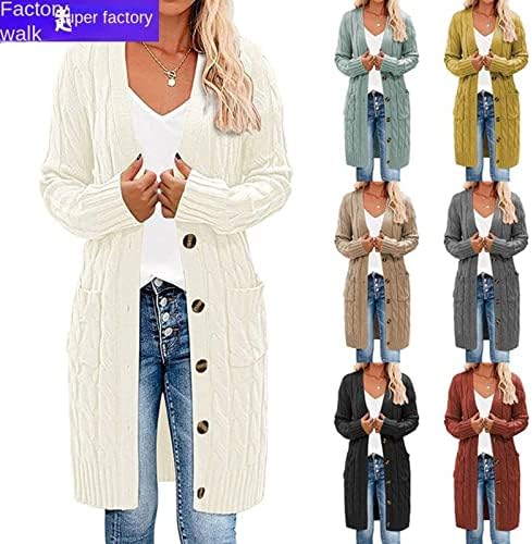 Aottori Cardigan voor dames, lang, met knopen en zakken, gebreide jas, lange mouwen, elegant, open vlecht, pullover, casual mantel voor herfst en winter, Donker Rood, L