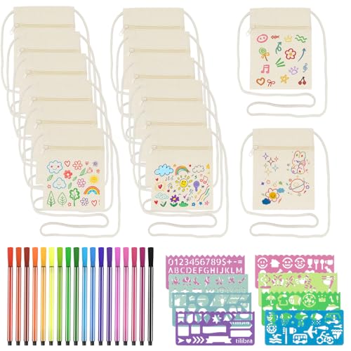 BORISCA 40 Stück Stoffbeutel zum Bemalen kinder 14 Beutel zum Bemalen mit 18 Farbige Stifte und 8 Malschablonen DIY Kleine Schultertaschen für Schulen Bastelkurse DIY-Geschenke