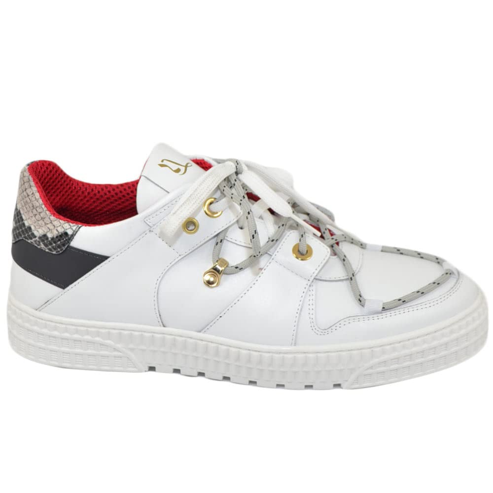 Sneakers Uomo Streetwear Suede by LS LUISANTIAGO in Vera Pelle Nappa Bianco Pitone Doppio Laccio Contrasto Moda Luxury