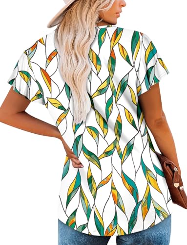KISSMODA Tops for Womens Summer Cute Short Sleeve Shirts Trendy Notched Neck Blouses Casual Loose Pleated Tunics S-3Xl
