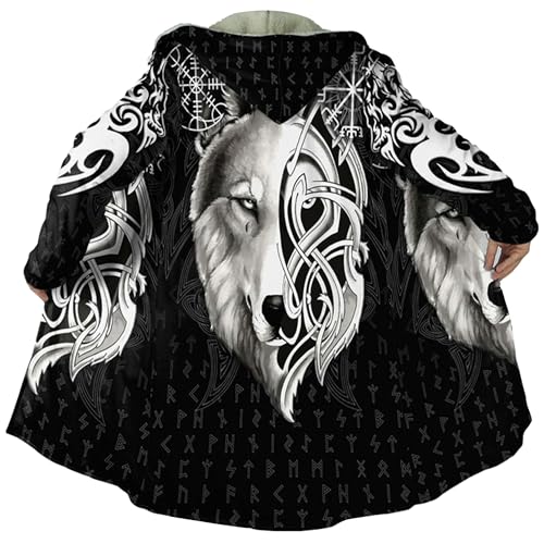 Viking Tattoo Celtic Wolf Warm Cashmere Coat Full Zip Heavyweight Hoodie Casual Hooded Cloak Parka Harajuku Jacket Outerwear
