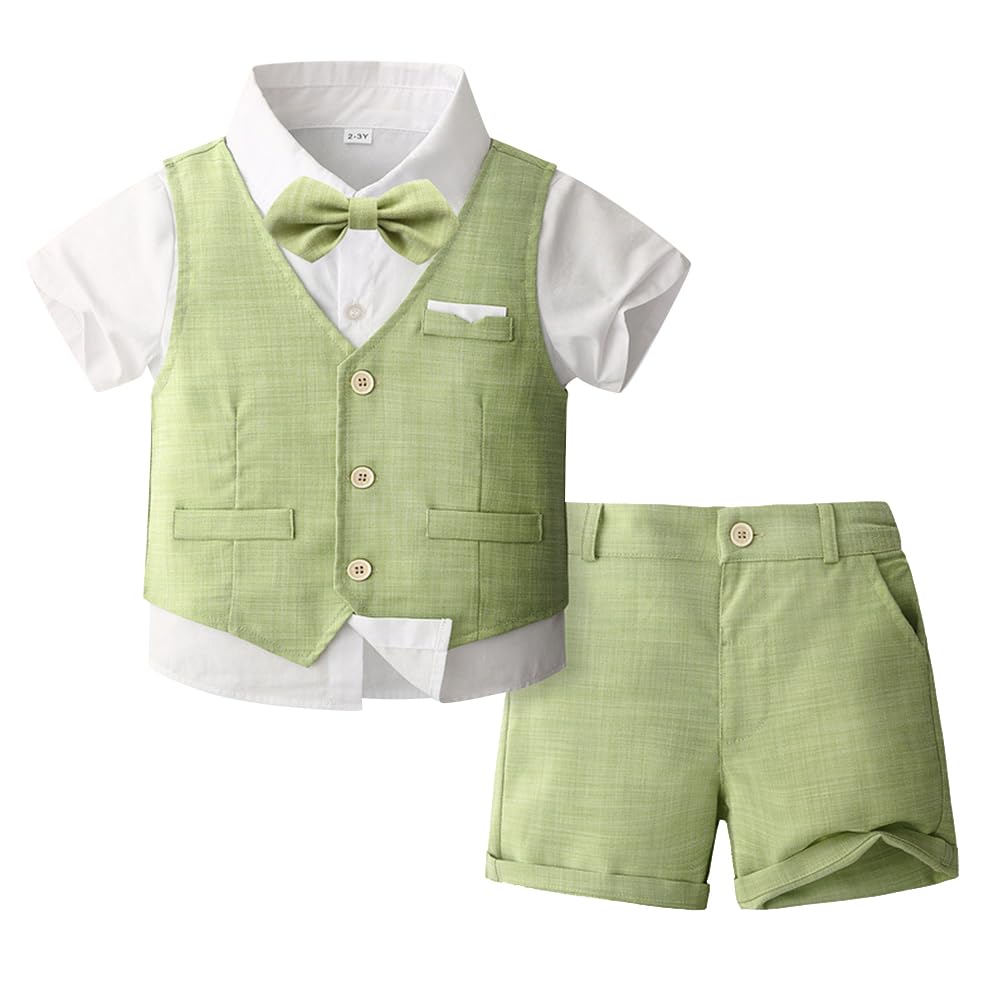 OBEEII Toddler Baby Boys Gentleman Baptism Photoshoot Clothes Short Set Formal Wedding Ring Bearer Outfits Christening Tuxedo Suit Short Sleeve Dress Shirt + Shorts + Vest + Bow Tie Green 4 Years