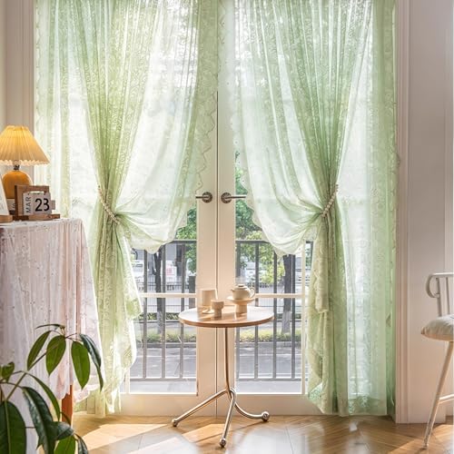 SXYITE ���[�X�J�[�e�� UV�J�b�g �f�M�E�ۉ����� ������� �h�J ��176x��150cm 1�� ���[�X�J�[�e�� �Q�� ���r���O �J�[�e���t�b�N�t�� Lace Curtain ���������� �O���[��