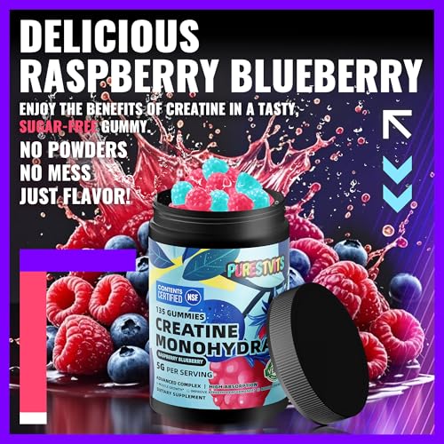 Image of NSF Certified Creatine Gummy 5g - Creatine Monohydrate Gummies - Pre-Workout Energy & Muscle Growth Support for Men & Women | Blueberry Raspberry Electrolyte Gummies (135 Count)