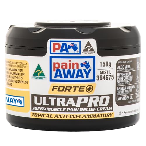 Pain Away Forte+ Ultra Pro Joint and Muscle Pain Relief Cream 150g. Relief for symptoms of mild arthritis, bruising, mild joint and muscle pain and soreness with the power of Arnica, Boswellia, Hypericum, Melaleuca, Eucalyptus, Camphor, Cajuput, Aloe Vera. Australia's No. 1 Topical Anti-inflammatory Brand With Arnica. Non-Greasy, Fast Absorbing