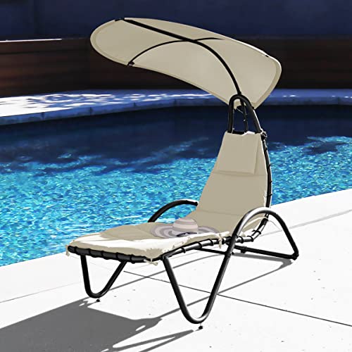 Geniqua Hanging Chaise Outdoor Lounge Chair Hammock with Sun Shade Canopy Wide Umbrella Cushion Stand for Backyard Poolside Beige